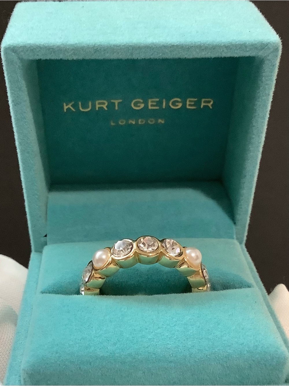 NEW Kurt Geiger London Gold tone Crystal & Faux Pearl Band Eternity Ring